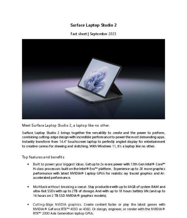 Surface Laptop Studio 2 Fact Sheet thumb